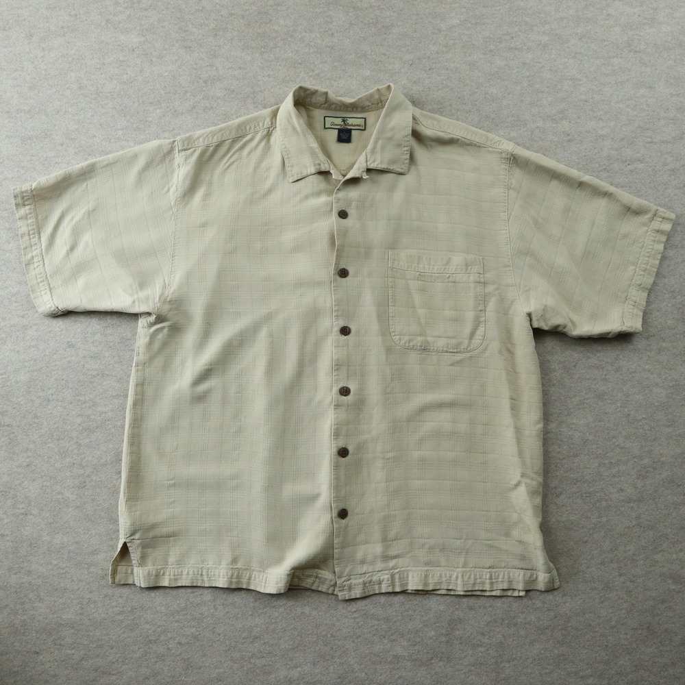 Tommy Bahama Shirt Large Silk Camp Beige Vintage Tonal Grid Pattern
